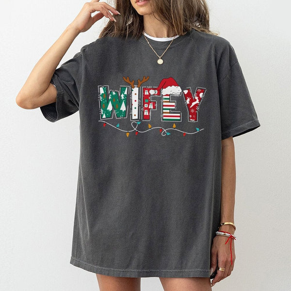 Festive Reindeer Santa Hat Shirt, Wifey Christmas T-Shirt, Matching Holiday Couple T-Shirt, Adorable Xmas Graphic Tee, Winter