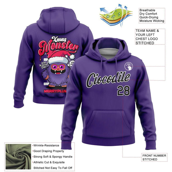 Personalized Holiday Monster Pullover Hoodie, Custom Christmas Monster Hoodie, Stitched Name and Number Sweatshirt, Sports Fa