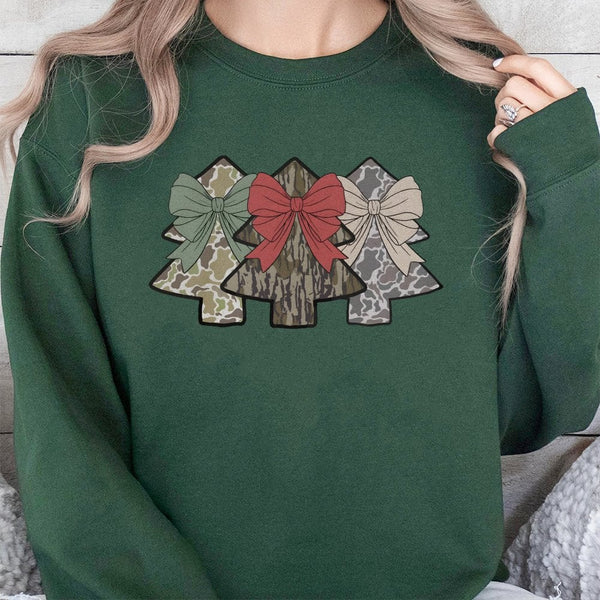 Coquette Bow Holiday Crewneck, Camo Christmas Tree Sweatshirt, Festive Hunting Plaid Pullover, Adorable Preppy Xmas Sweater, 