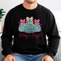 Pink Bow Coquette Aesthetic Tree Crewneck, Merry and Bright Christmas Sweatshirt, Preppy Holiday Pullover, Adorable Pastel Christmas Sweater