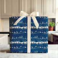 Reindeer Night Wrapping Paper, Santa Sleigh Christmas Wrapping Paper, Winter Forest Holiday Gift Wrap, Navy Blue Xmas Wrapping Paper Roll
