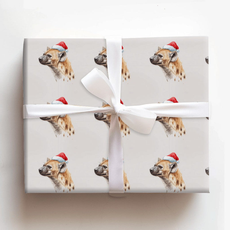 Humorous Safari Animal Gift Wrap, Watercolor Hyena Christmas Wrapping Paper, Santa Hat Hyena Wrapping Paper, Secret Santa Holiday Gift Wrap