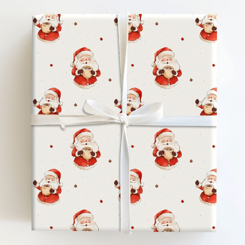 Comfy Hot Cocoa Christmas Gift Wrap, Watercolor Santa Wrapping Paper, Adorable Santa Claus Present Wrap, Rustic Holiday Packaging Roll
