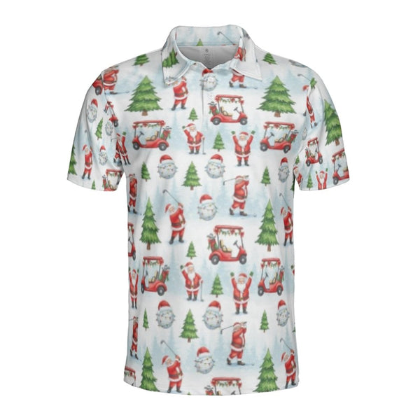 Humorous Christmas Golf Shirt, Santa Playing Golf Polo Shirt, Holiday Golfer Polo, All-Over Xmas Print Collared Shirt, Christ