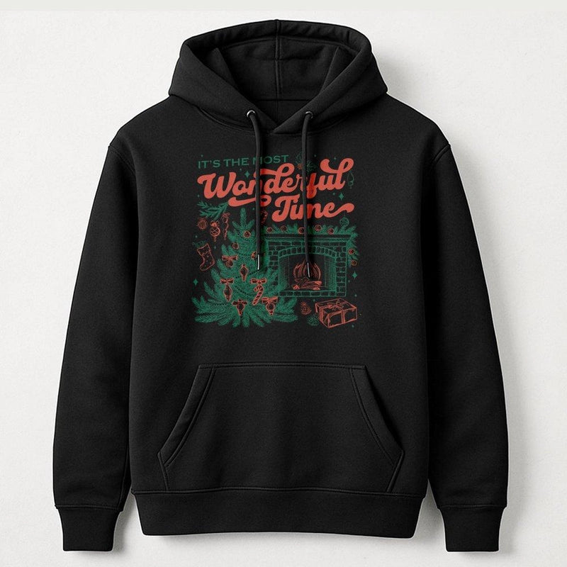 Retro Fireplace Pine Tree Sweatshirt, Most Wonderful Time Christmas Hoodie, Comfy Holiday Cabin Pullover, Winter Xmas Graphic Hoodie