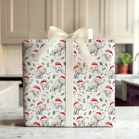 Adorable White Animal Gift Wrap, Santa Hat Elephant Christmas Wrapping Paper, Festive Pine Elephant Wrapping Paper, Holiday Gift Wrapping Paper