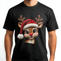 Red Nose Deer Faux Knit Holiday Tee, Reindeer Christmas T-Shirt, Adorable Festive Xmas Graphic Shirt, Holiday Season Family Outfit Present