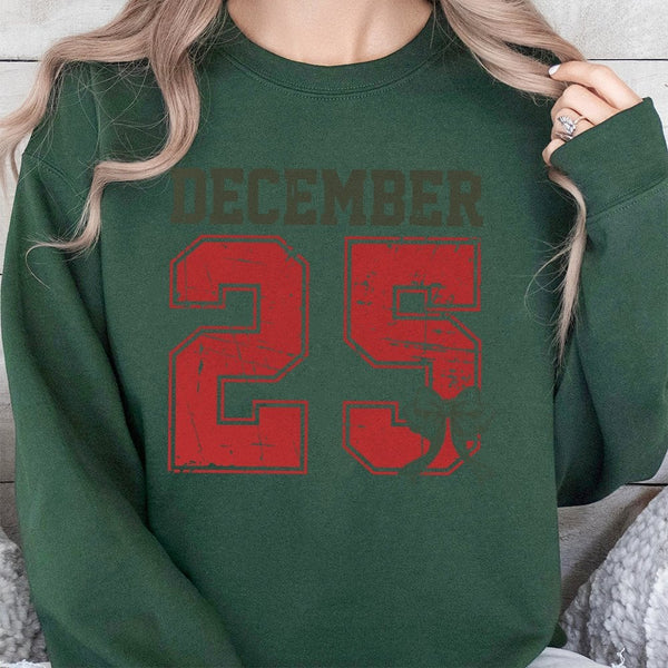 Retro Distressed Varsity Number Crewneck, December 25 Christmas Sweatshirt, Comfy Xmas Holiday Sweater, Vintage Aesthetic Gra