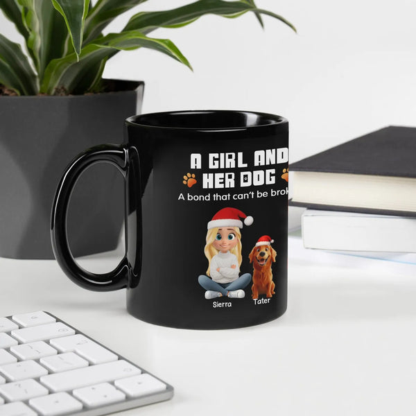 Personalized Pet Owner Holiday Ceramic Coffee Mug, Girl and Her Dog Christmas Mug, Winter Dog Mom Drinkware Cup, Christmas Pr