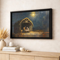 Christian Christmas Wall Art, Holy Family Nativity Scene Canvas Print, Bethlehem Manger Oil Painting Decor, Religious Holiday Present