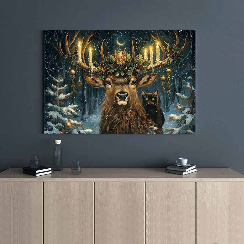 Snowy Forest Black Cat Canvas Print, Christmas Deer Canvas Wall Art, Candle Antler Stag Canvas, Whimsical Winter Holiday Home Decor Present
