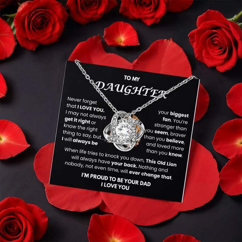 CZ Crystal Knot Necklace from Dad, Daughter Love Knot Necklace Lion Quote Card, Meaningful Daughter Necklace, Christmas Birthday Jewelry