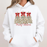 Merry Christmas Bow Hooded Sweatshirt, Leopard Print Christmas Tree Hoodie, Preppy Holiday Graphic Pullover, Winter Cheetah Xmas Sweater