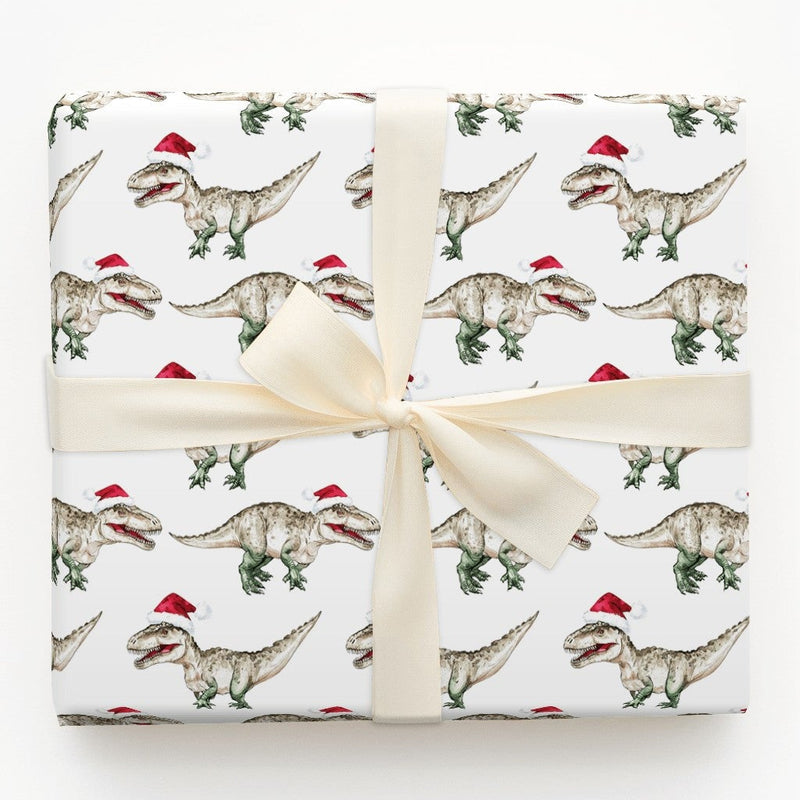 Santa Hat Dinosaur Gift Wrap, Watercolor T-Rex Christmas Wrapping Paper, Adorable Dino Holiday Wrapping Paper, Kids Winter Gift Wrapping Paper