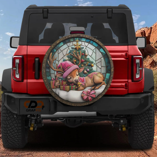 Stained Glass Holiday Tire Cover, Baby Reindeer Christmas Spare Tire Cover, Festive Deer Wheel Protector, Xmas Vehicle Decor 