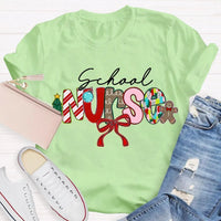 Festive Bow Holiday Nurse Tee, School Nurse Christmas Shirt, Merry Christmas RN T-Shirt, School Healthcare Worker Xmas Present