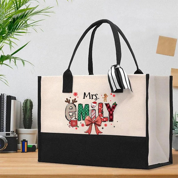 Custom Name Winter Cotton Tote Bag, Personalized Christmas Elk Snowflakes Tote Bag, Holiday Reindeer Canvas Shopping Bag Pres