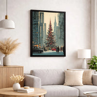 Retro New York Holiday Street Scene Print, Vintage NYC Christmas Canvas Art, Winter NYC Tree Canvas Wall Art, Festive City Wall Canvas