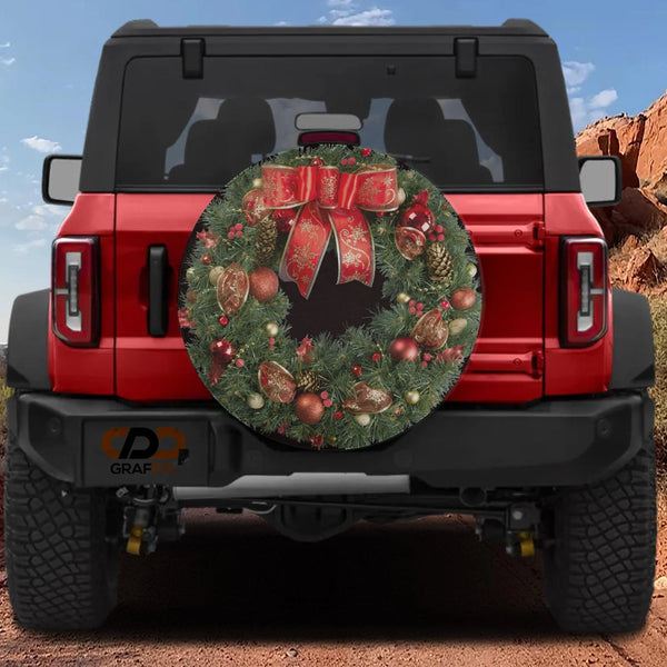 Red Bow Evergreen Tire Cover, Christmas Wreath Spare Tire Cover, Holiday Spare Tire Cover, Jeep Bronco SUV RV Cover, Winter H