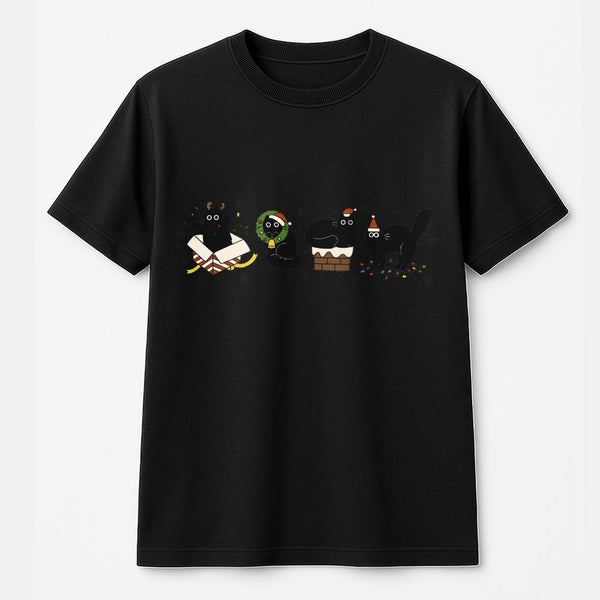 Adorable Festive Kitten Graphic Tee, Christmas Black Cat T-Shirt, Holiday Cat Mom Shirt, Vintage Xmas Black Cat T-Shirt, Wint