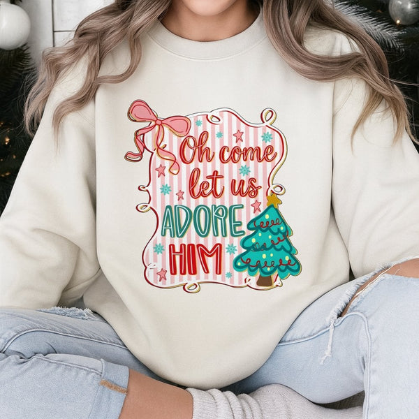 Preppy Coquette Christmas Tree Crewneck, O Come Let Us Adore Him Sweatshirt, Christian Holiday Hymn Sweater, Religious Xmas P