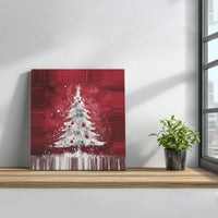 Crimson Snowy Pine Canvas Art, White Christmas Tree Square Canvas, Red Holiday Ornament Canvas Print, Winter Farmhouse Wall Decor