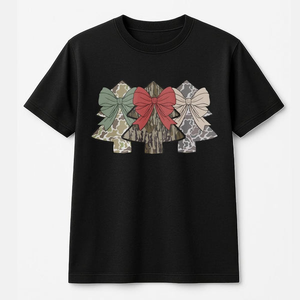 Coquette Bow Festive Camouflage Holiday Tee, Camo Christmas Tree T-Shirt, Southern Country Hunting Xmas Shirt, Hunting Lover 