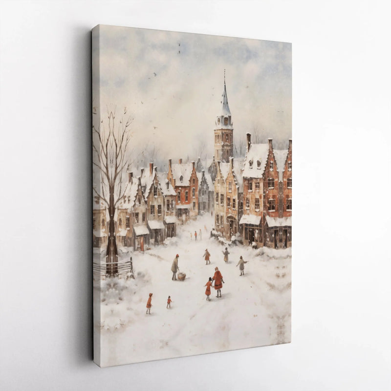 Snowy European Town Watercolor Canvas, Winter Village Canvas Wall Art, Comfy Christmas Town Wall Decor, Holiday Landscape Art Print