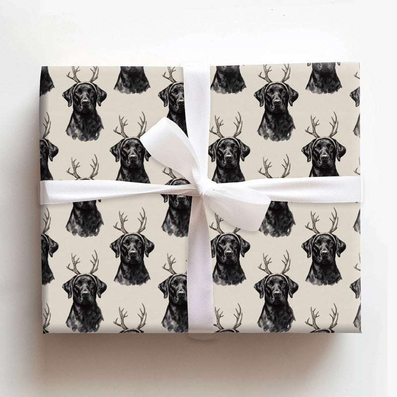 Dog Reindeer Antlers Gift Wrap, Black Labrador Christmas Wrapping Paper, Adorable Pet Holiday Wrapping Paper, Xmas Dog Lover Gift Wrapping Paper