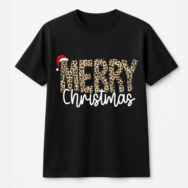 Leopard Print Graphic Holiday Tee, Merry Christmas T-Shirt, Buffalo Plaid Christmas Shirt, Adorable Festive Xmas Graphic Tee 