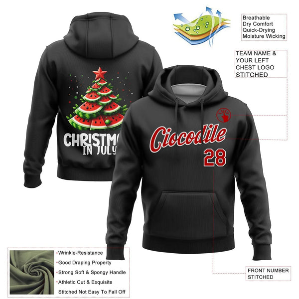 Personalized Name and Number Sweatshirt, Custom Watermelon Tree Christmas Hoodie, 3D Black Red White Sports Hoodie, Holiday F