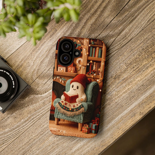 Comfy Fireplace Reading Ghost Phone Case, Christmas Ghost Phone Case for iPhone, Bookish Winter Holiday Tough Cover, Bookworm