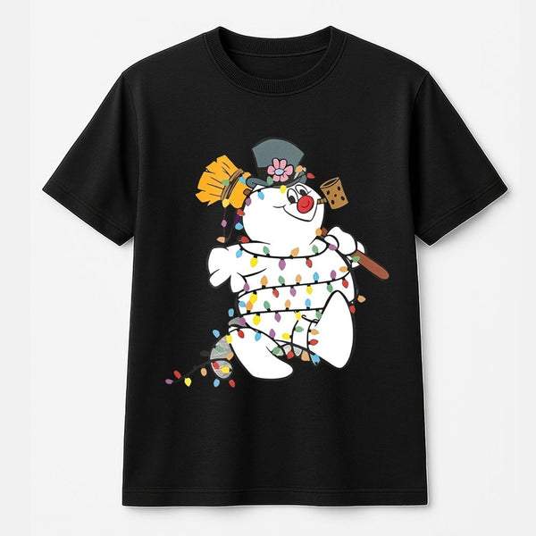 Festive Holiday Lights Shirt, Snowman Christmas Graphic T-Shirt, Adorable Winter Snowman Tee, Retro Xmas Cartoon Graphic T-Sh
