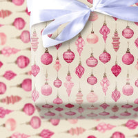 Watercolor Bauble Gift Wrap, Pink Christmas Ornament Wrapping Paper, Vintage Pink Holiday Wrapping Paper, Pastel Christmas Packaging Roll
