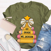 Custom Holiday Teacher T-Shirt, Personalized Christmas Tree Grade Shirt, Festive School Season Graphic Tee, Winter Educator Present