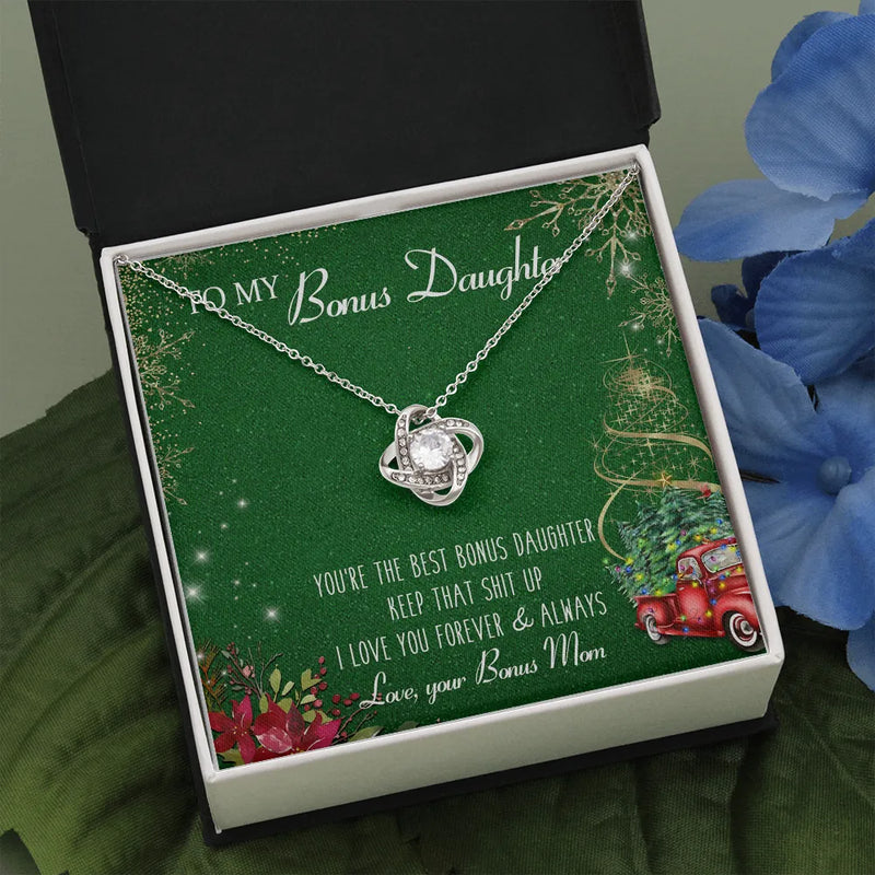 14k White Gold Over Steel Love Knot Pendant Necklace, Bonus Daughter Christmas Necklace, Holiday Jewelry Present from Bonus Mom