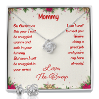 Pregnancy Announcement Love Knot Jewelry, First Christmas New Mom Love Knot Necklace and Earring Set, Holiday Love Knot Keepsake