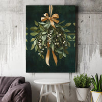 Botanical Christmas Canvas Print, Festive Mistletoe Canvas Wall Art, Holiday Greenery Wall Decor, Winter Gold Bow Canvas, Holiday Xmas Present