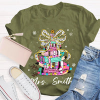 Bow Colored Pencils Snowflake Shirt, Personalized Christmas T-Shirt, Custom Holiday School Graphic Tee, Teacher Present Top