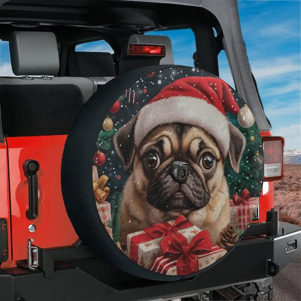 Christmas Dog Tire Cover, Pug in Santa Hat Spare Tire Cover, Holiday Puppy Wheel Protector for Jeep SUV Bronco, Dog Lover Aut