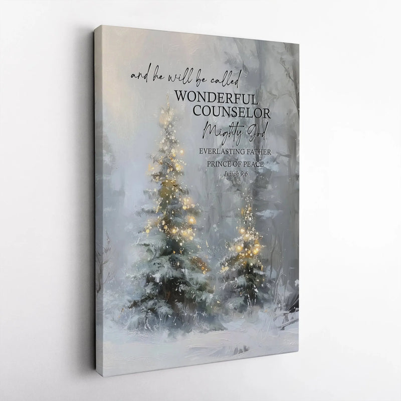 Snowy Christmas Tree Religious Print, Isaiah 9 6 Bible Verse Canvas Wall Art, Scripture Holiday Wall Decor, Christian Home Art Present