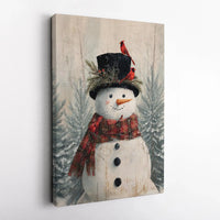Red Cardinal Snowman Canvas Print, Snowman Canvas Wall Art, Festive Winter Snowman Wall Decor, Rustic Farmhouse Holiday Christmas Present