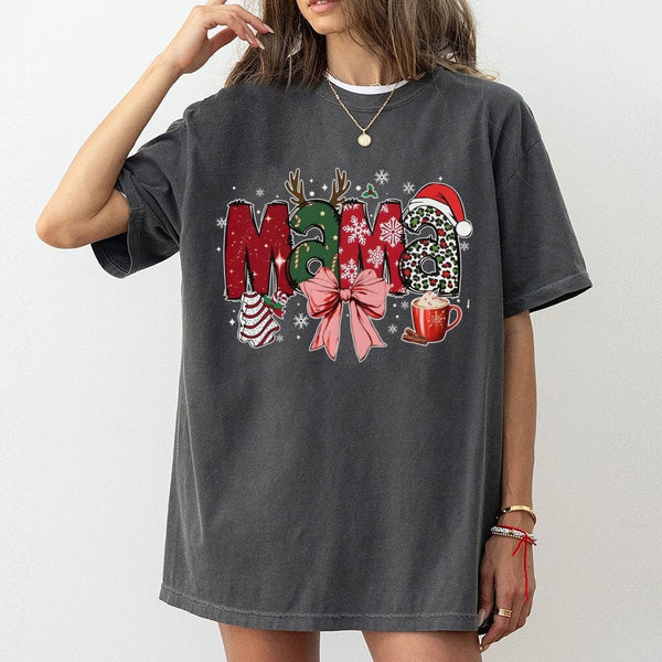 Festive Leopard Print Mama Shirt, Christmas Mama T-Shirt, Adorable Mom Graphic Tee, Retro Holiday Mama T-Shirt, Christmas Pre