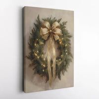 Gold Bow Holiday Lights Canvas Print, Christmas Wreath Canvas Wall Art, Painterly Xmas Canvas Decor, Festive Winter Wall Art Holiday Present