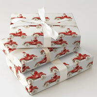 Vintage Christmas Gift Wrap, Santa Driving Red Car Wrapping Paper, Retro Watercolor Holiday Wrapping Paper, Festive Xmas Gift Wrap Roll