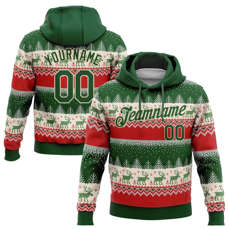 3D Reindeer Fair Isle Ugly Sweater Design, Custom Christmas Hoodie Sweatshirt, Personalized Name Number Holiday Hooded Pullover, Present