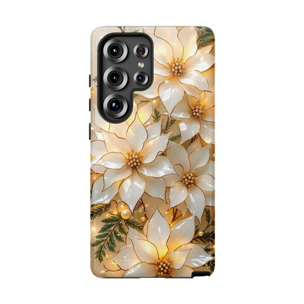 Gold Christmas Floral Samsung Galaxy Tough Case, White Poinsettia Phone Case, Winter Holiday Flower Tough Phone Cover Present