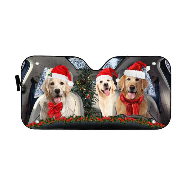 Santa Hat Dog Car Sunshade, Golden Retriever Christmas Car Sunshade, Reflective Windshield Sunshade, Dog Lover Auto Sun Shade