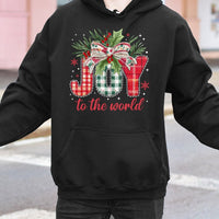 Buffalo Plaid Holiday Hooded Sweatshirt, Joy to the World Christmas Hoodie, Religious Xmas Pullover, Christian Typography Hoodie