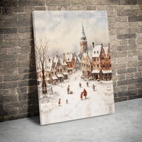 Snowy European Town Watercolor Canvas, Winter Village Canvas Wall Art, Comfy Christmas Town Wall Decor, Holiday Landscape Art Print